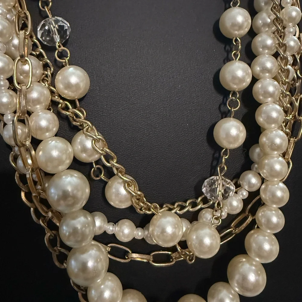 Multi-Strand Gold-Tone Faux Pearl and Chain Layered Necklace